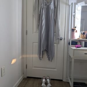 Elegant Silver Pleated Dress with Shawl